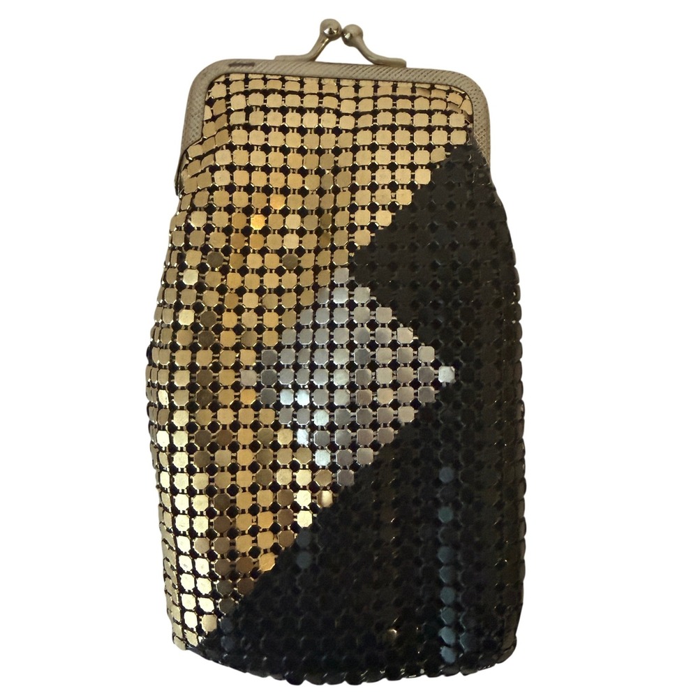 Vintage 60/70s Metal Mesh Cigarette Holder Black Gold Kiss Lock Glam Glitz Retro